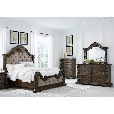 Queen Upholstered Bed, Dresser And Mirror