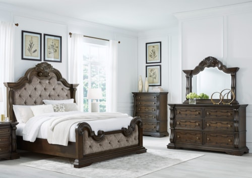 King Upholstered Bed, Dresser And Mirror