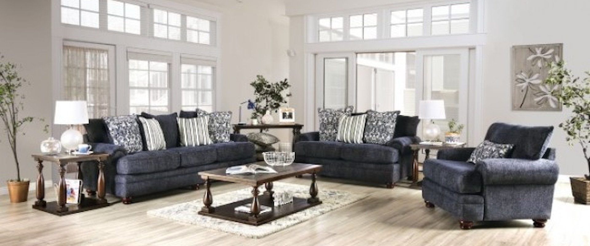 Transitional Sofa and Loveseat with Low Rolled Arms