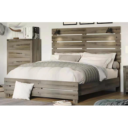 Rustic California King Panel Bed with Built-in Lighting