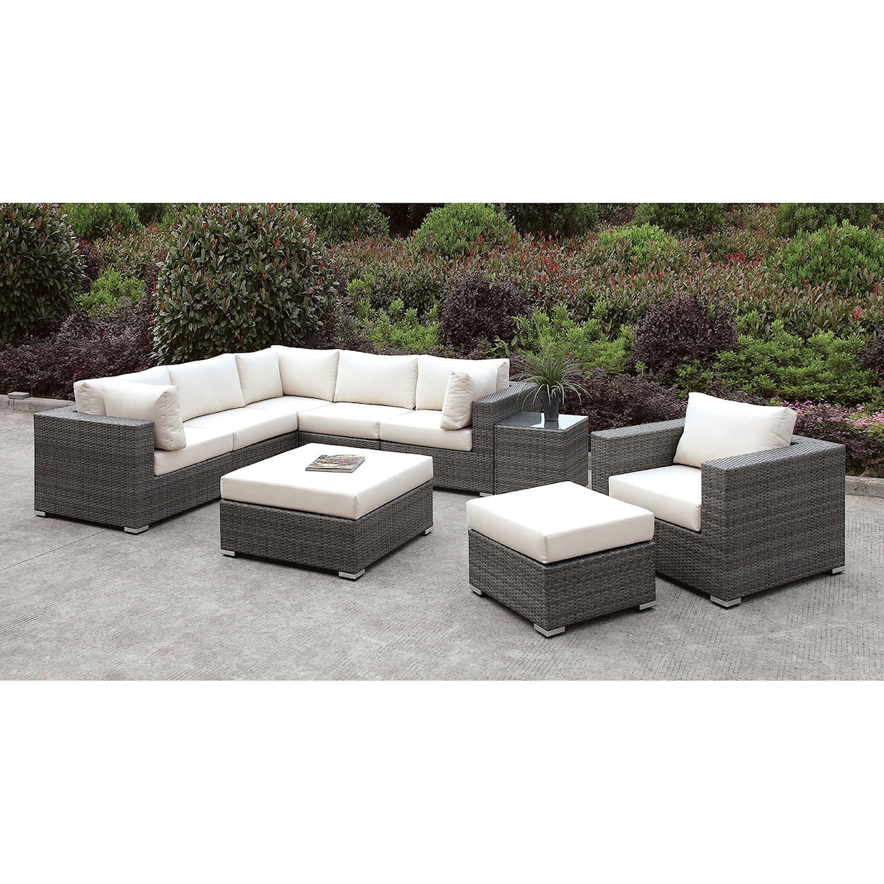 Furniture of America Somani L-Sectional + Chair + 2 Ottomans + End Table