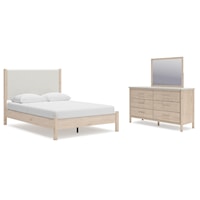 Queen Upholstered Panel Bed, Dresser And Mirror