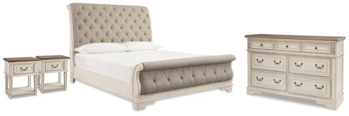 Queen Upholstered Sleigh Bed, Dresser And 2 Nightstands