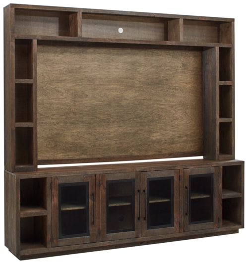 Transitional Entertainment Console and Hutch with Open Shelving and Glass Doors