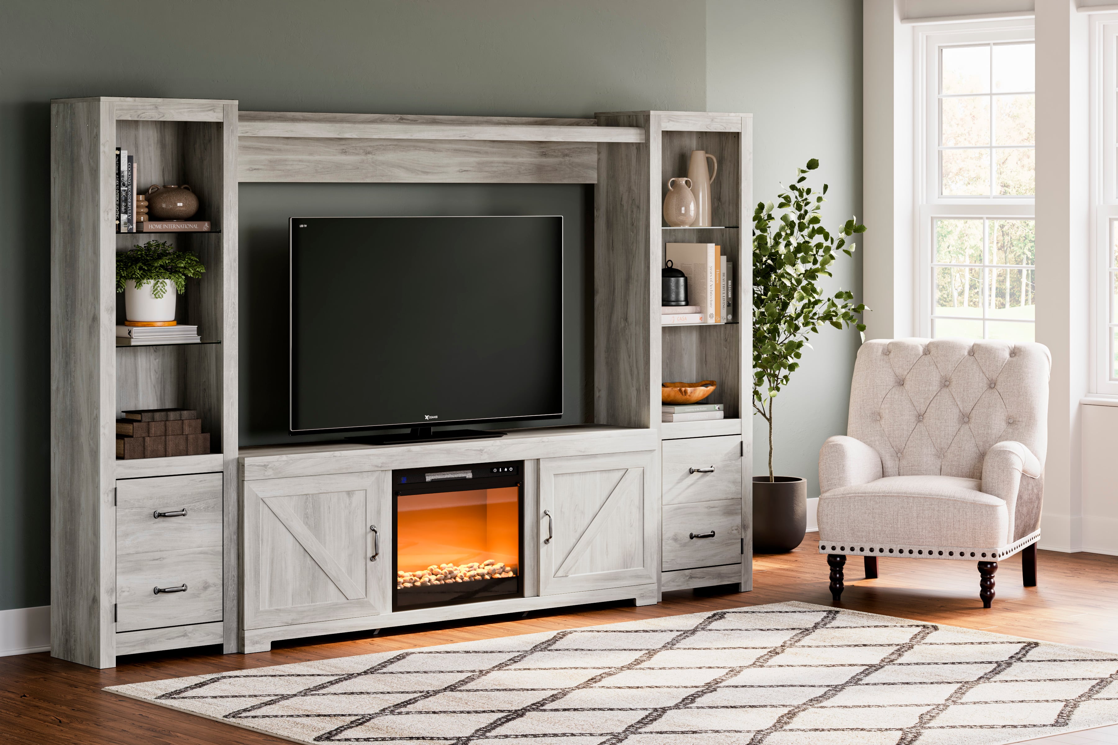 Signature Design by Ashley Bellaby Farmhouse Entertainment Center with  Fireplace | Furniture Mart Colorado | Wall units