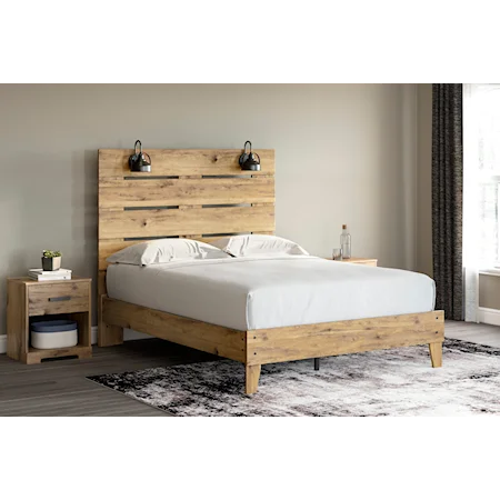 Casual Queen Panel Bed with Black Matte Sconce Lights and 2 Nightstands Set