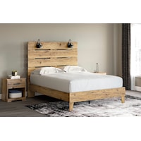 Casual Queen Panel Bed with Black Matte Sconce Lights and 2 Nightstands Set
