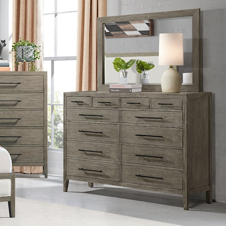 Contemporary 12-Drawer Dresser and Mirror Set