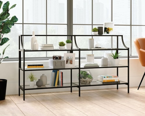 Mid-Century Modern Metal Frame Console Table with Glass Top