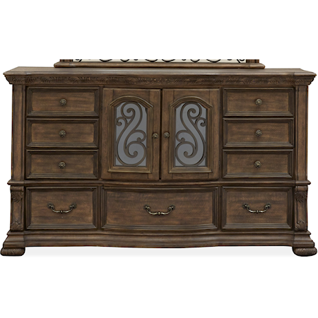 Traditional 9-Drawer Dresser with 2 Glass Doors