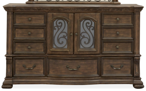 Traditional 9-Drawer Dresser with 2 Glass Doors