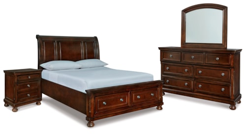 Queen Sleigh Storage Bed, Dresser, Mirror And Nightstand
