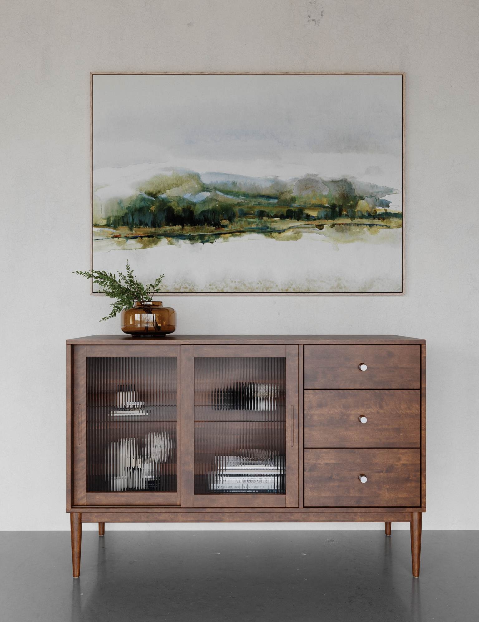 Three-Drawer Buffet w/Fluted Glass Doors
