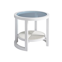 Outdoor Coastal Round End Table with Blue Glass Top