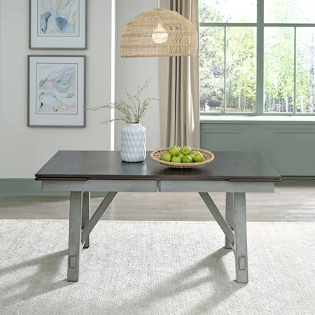 Transitional Trestle Dining Table with Two 14" Refectory Leaves