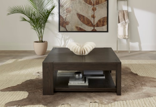 Transitional Square Cocktail Table with Lower Shelf