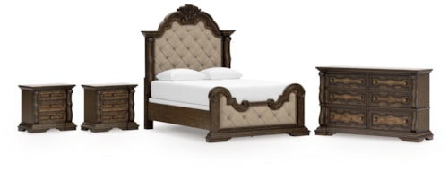 Queen Upholstered Panel Bed, Dresser And 2 Nightstands