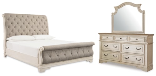 Queen Upholstered Sleigh Bed, Dresser And Mirror