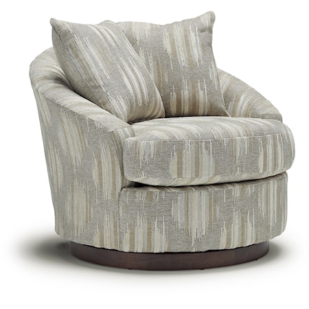 Contemporary Barrel Back Swivel Chair with 2 Toss Pillows and Wood Base