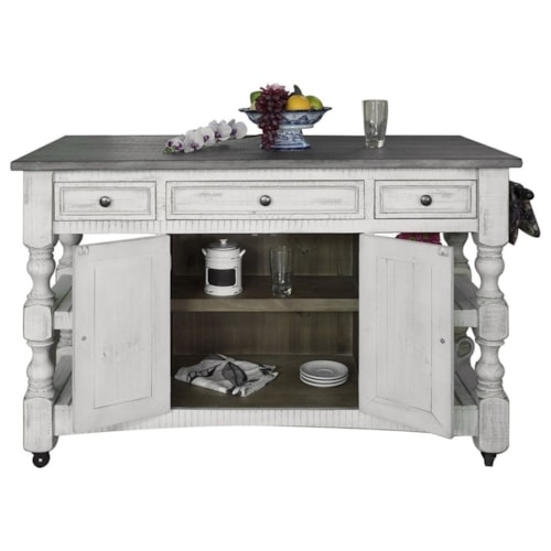 Farmhouse 2-Door Kitchen Island Cart with 3 Drawers and Open Shelving