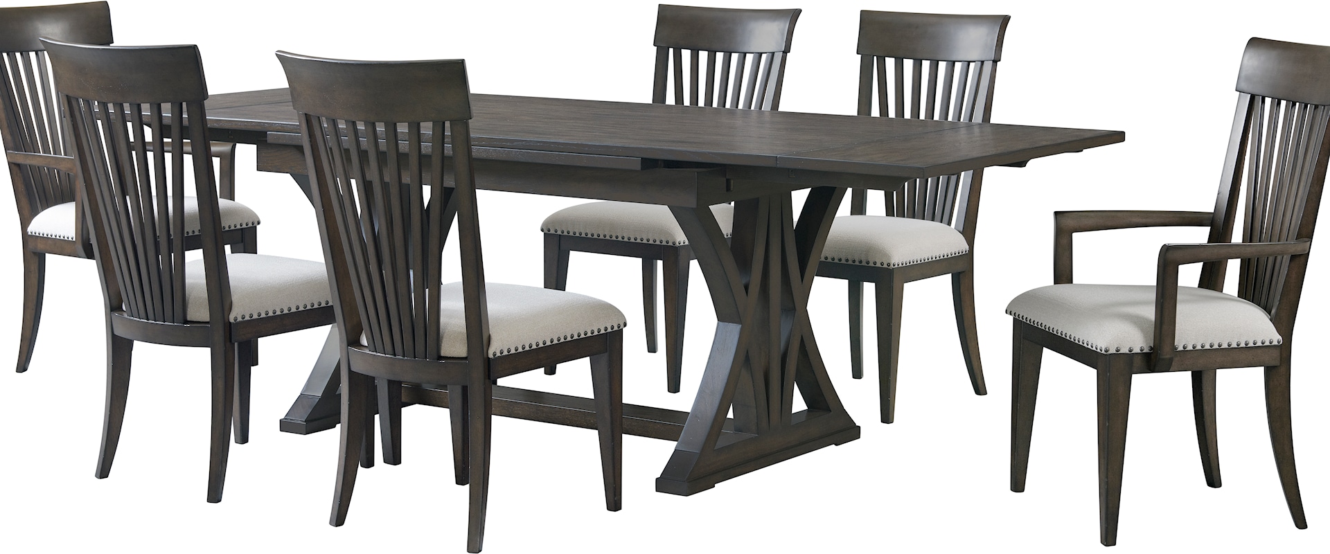Transitional 7-Piece Dining Set with Slat Back Arm and Side Chairs