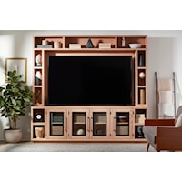 Transitional Entertainment Console and Hutch with Open Shelving and Glass Doors