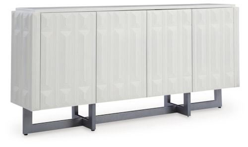 Distressed White Finish Accent Cabinet with Geometric Pattern Doors