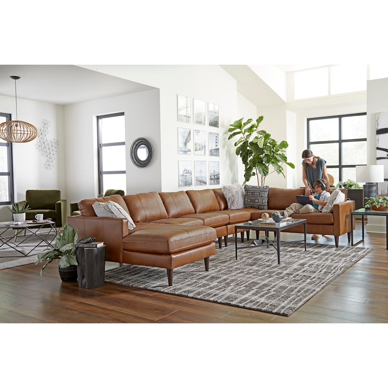 Bravo Furniture Trafton Leather Sectional Sofa w/ Chaise & Wood Feet