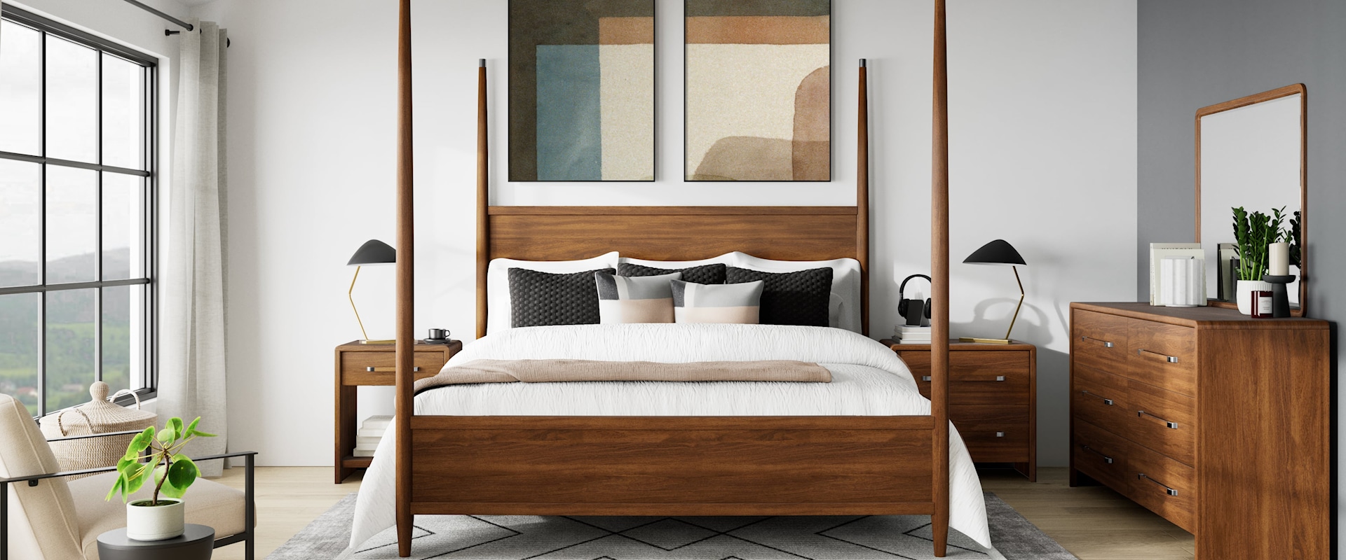 Mid-Century Modern 5-Piece Queen Poster Bedroom Set with 2 Nightstands