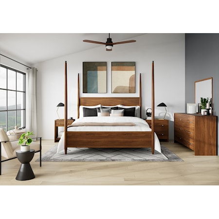 Mid-Century Modern 5-Piece King Poster Bedroom Set with 2 Nightstands