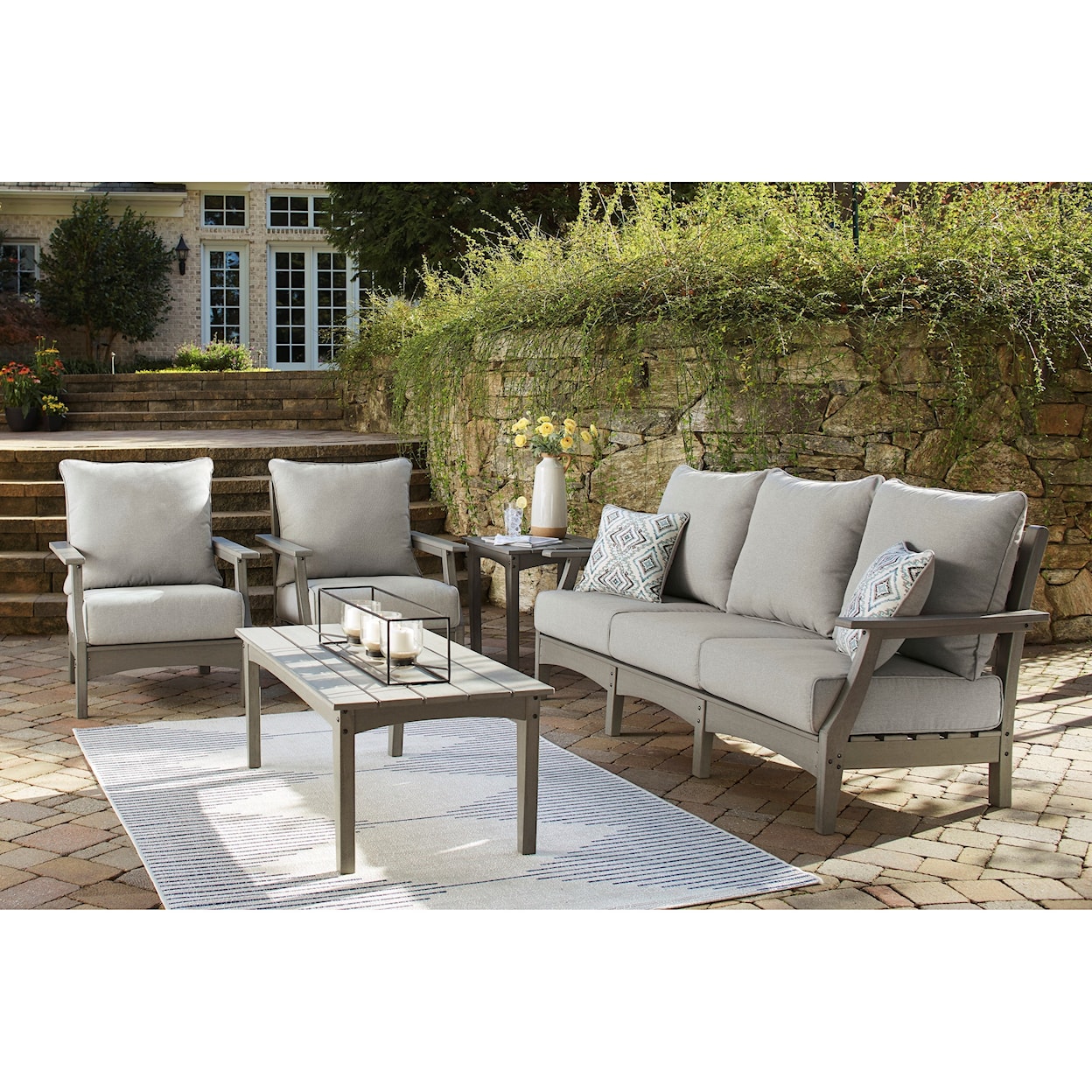 Ashley Furniture Signature Design Visola Outdoor Sofa, 2 Chairs, and Table Set