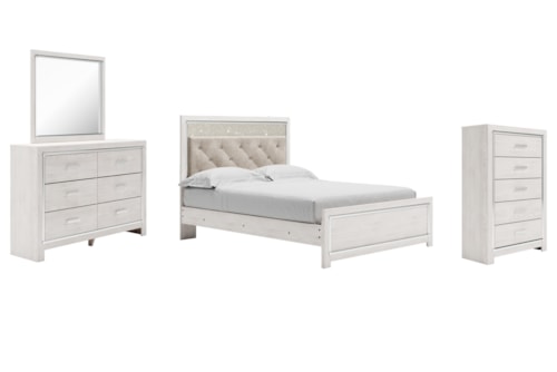 Queen Upholstered Panel Bed, Dresser, Mirror, And Chest