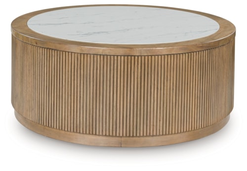 Round Coffee Table with Faux Marble Top and Reeded Base