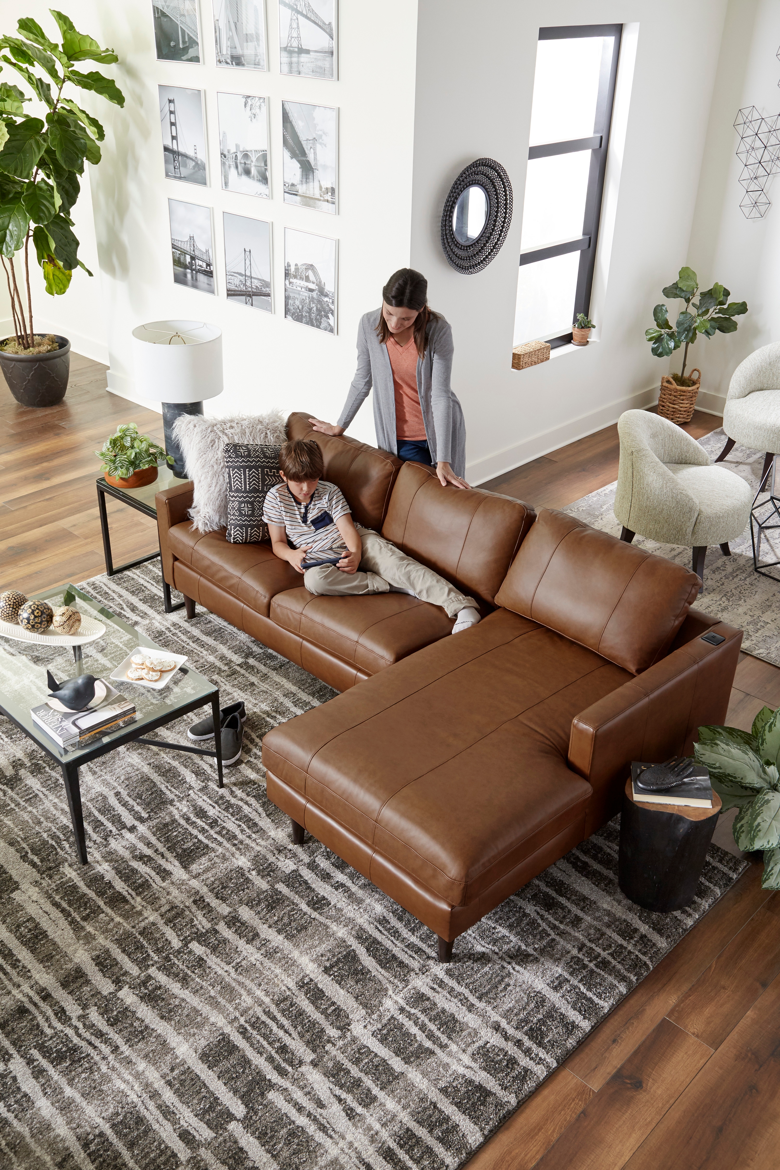 Best Home Furnishings Trafton Leather Chaise Sofa w/ USB Port & Wood Feet