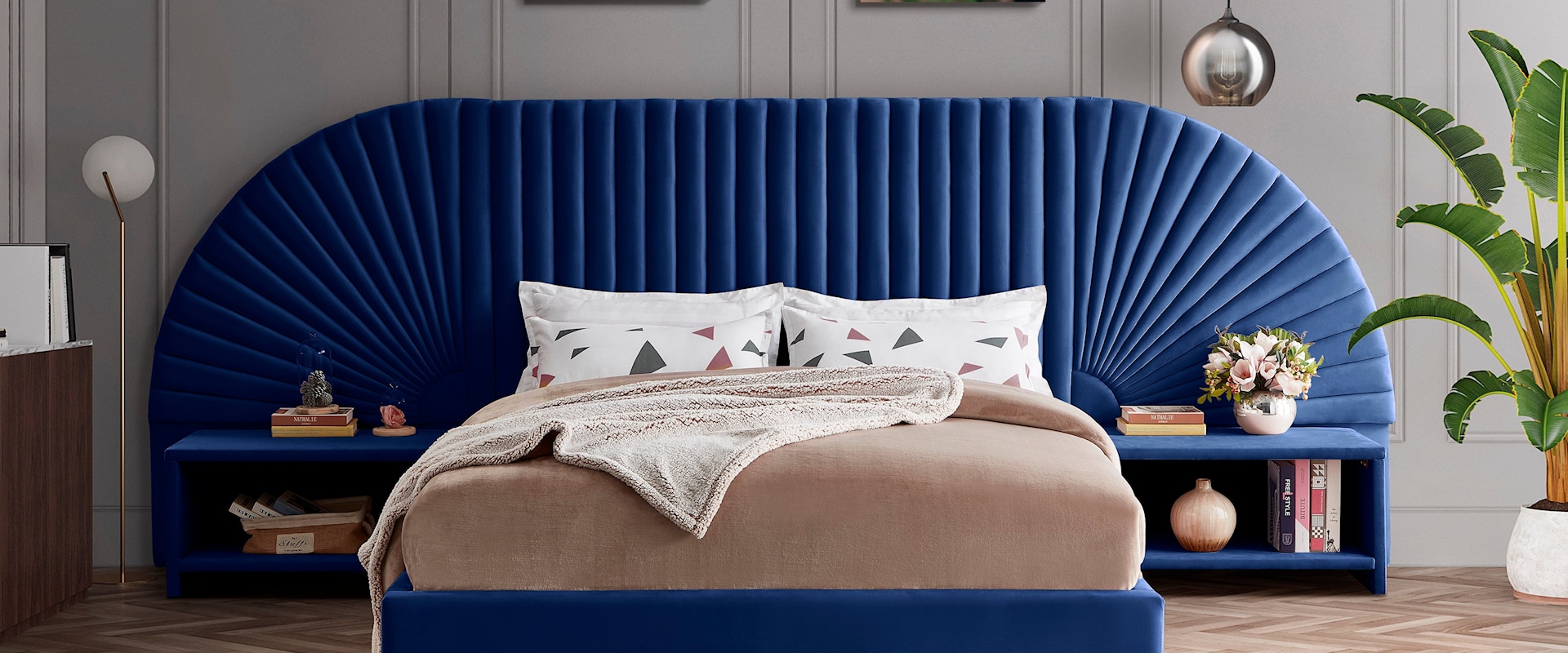 Contemporary 3-Piece Navy Velvet Queen Bedroom Set