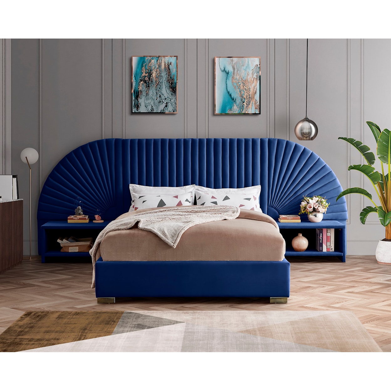Meridian Furniture Cleo 3-Piece Navy Velvet Queen Bedroom Set