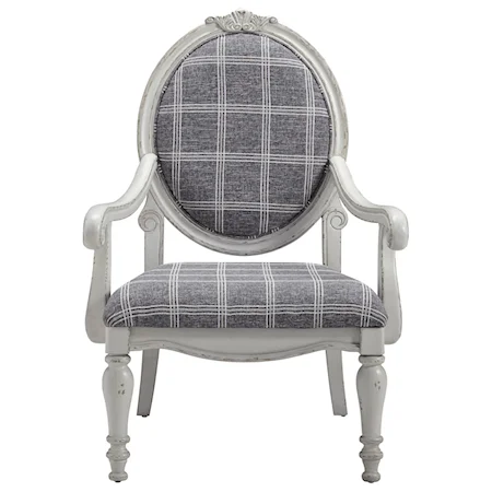 Traditional Wood Frame Accent Chair in Chipped White Finish with Charcoal Plaid Fabric