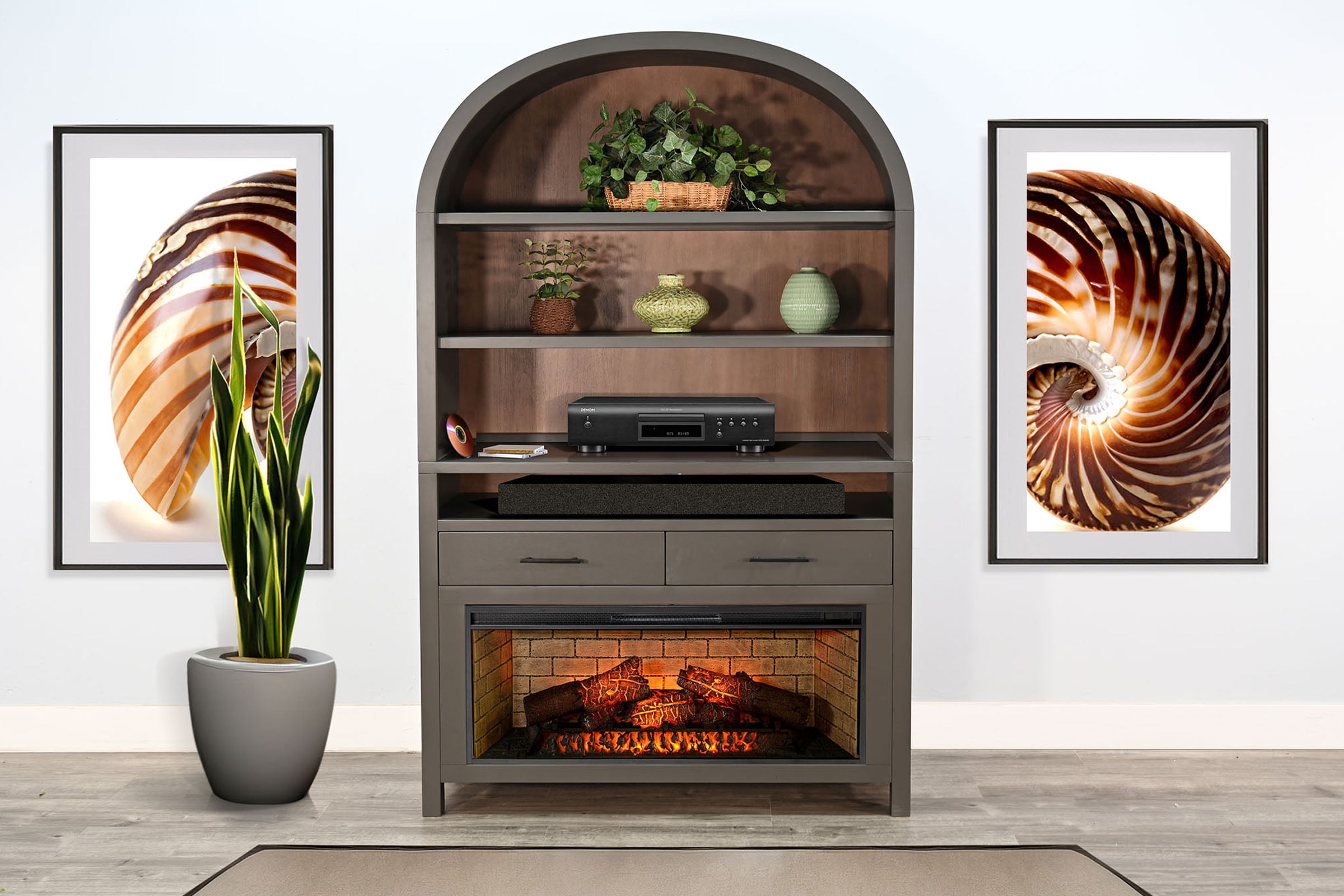 Wide Arch Bookcase with Log Fire Insert