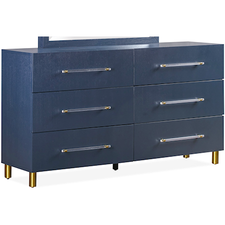 6-Drawer Dresser in Navy Blue and Burnished Brass