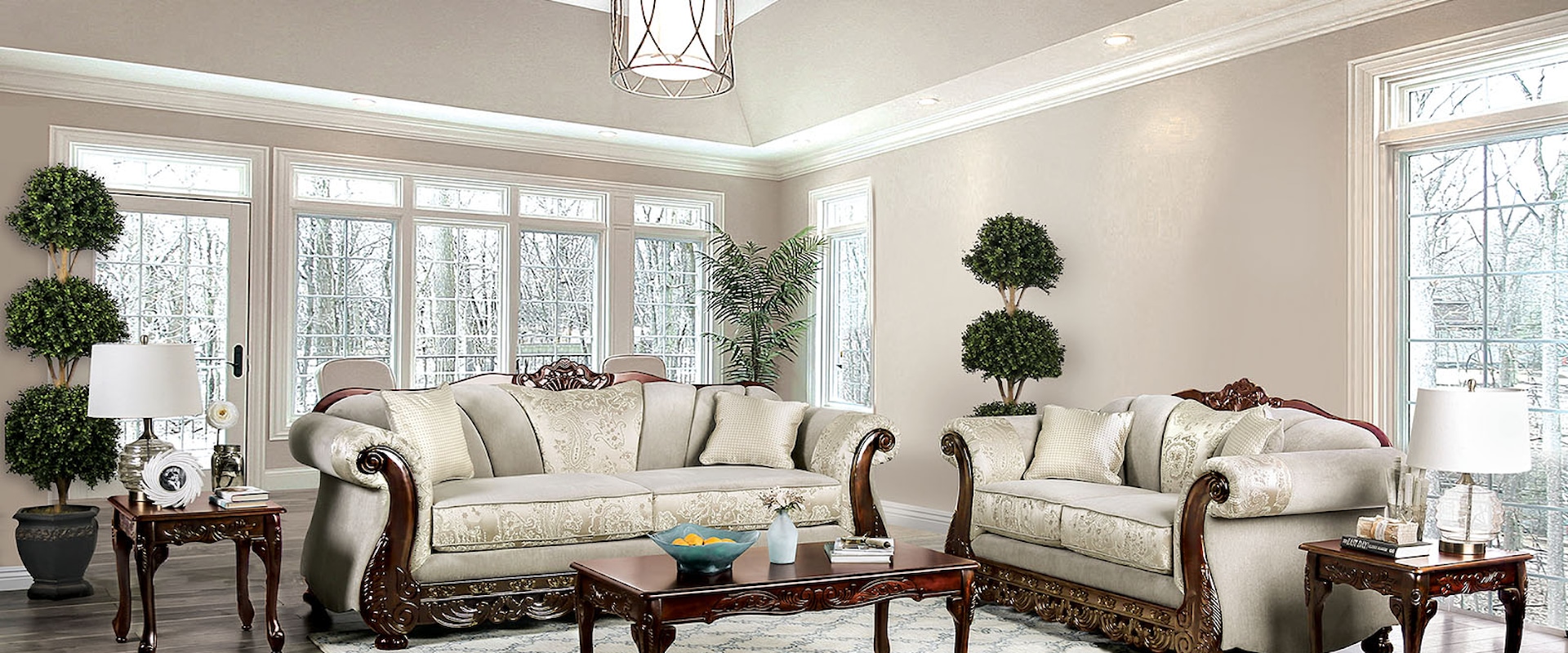 Traditional Sofa and Loveseat Set with Wood Trim 