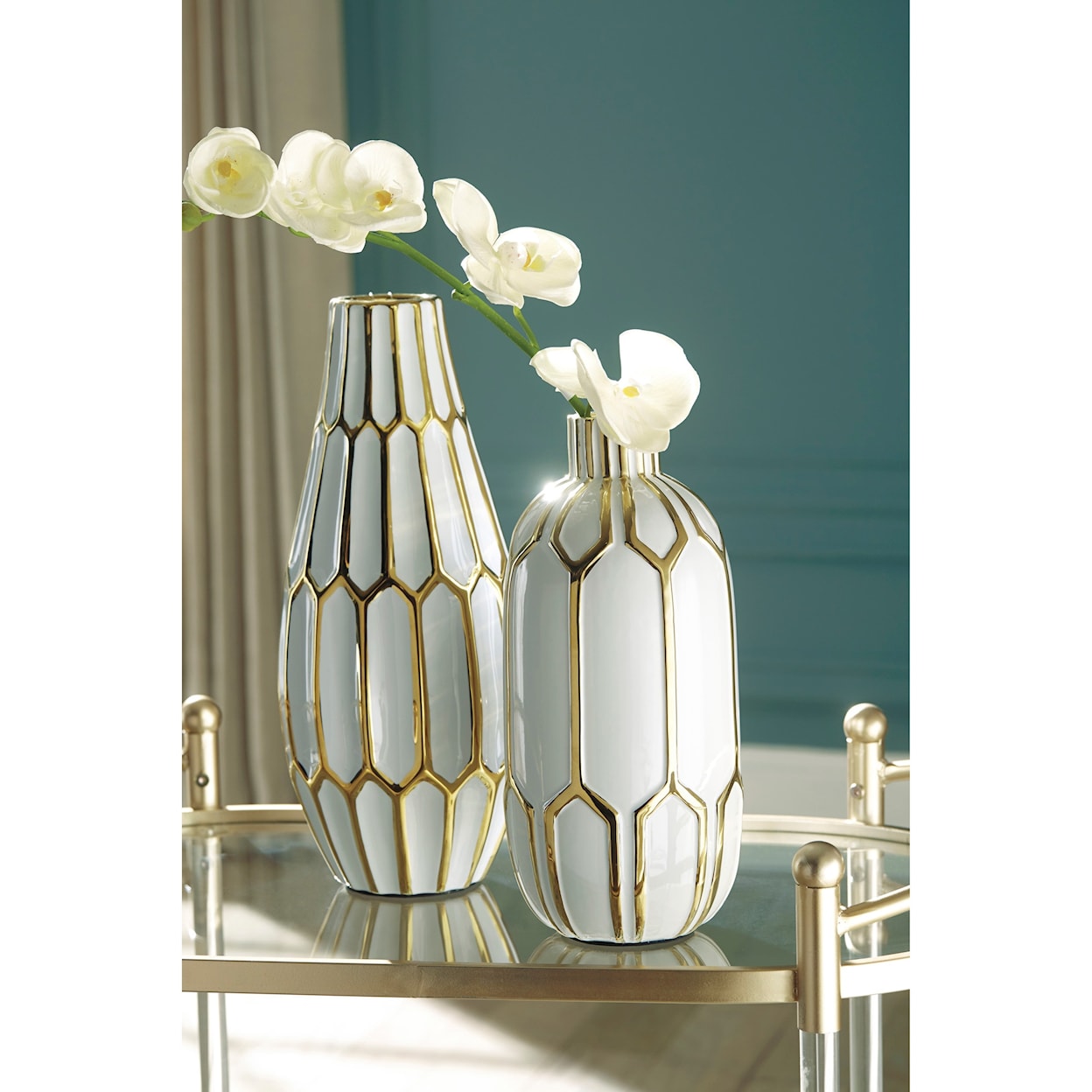 Ashley Accents Mohsen Gold Finish/White Vase Set