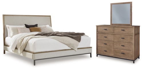 Queen Upholstered Bed, Dresser And Mirror