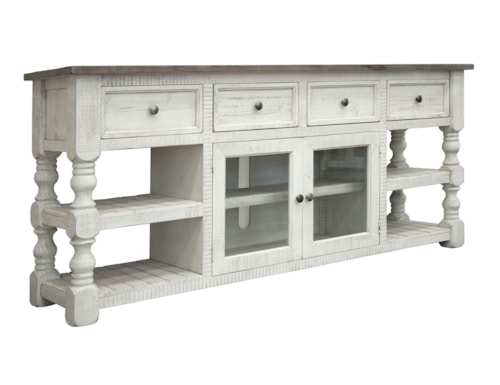 Farmhouse 2-Door TV Stand with 4 Drawers and Open Shelving