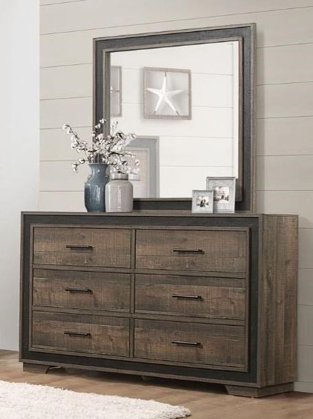 Rustic 6-Drawer Dresser and Mirror Set with Two-Tone Finish