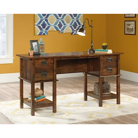 Traditional Two-Drawer Double Pedestal Desk with Open Shelf Storage