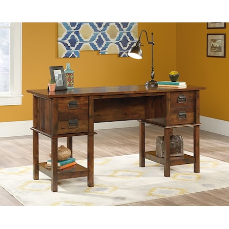 Traditional Two-Drawer Double Pedestal Desk with Open Shelf Storage