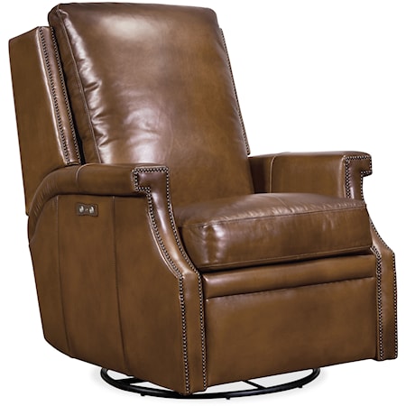 Transitional Power Swivel Glider Leather Recliner with Nailhead Trim