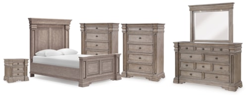 Queen Panel Bed, Dresser, Mirror, 2 Chests And Nightstand