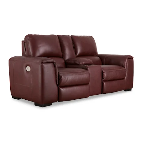 Contemporary Leather Match Power Reclining Loveseat with Console