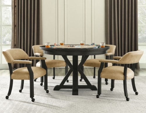 Rustic 5-Piece Game Table Top Dining Set with Upholstered Arm Chairs